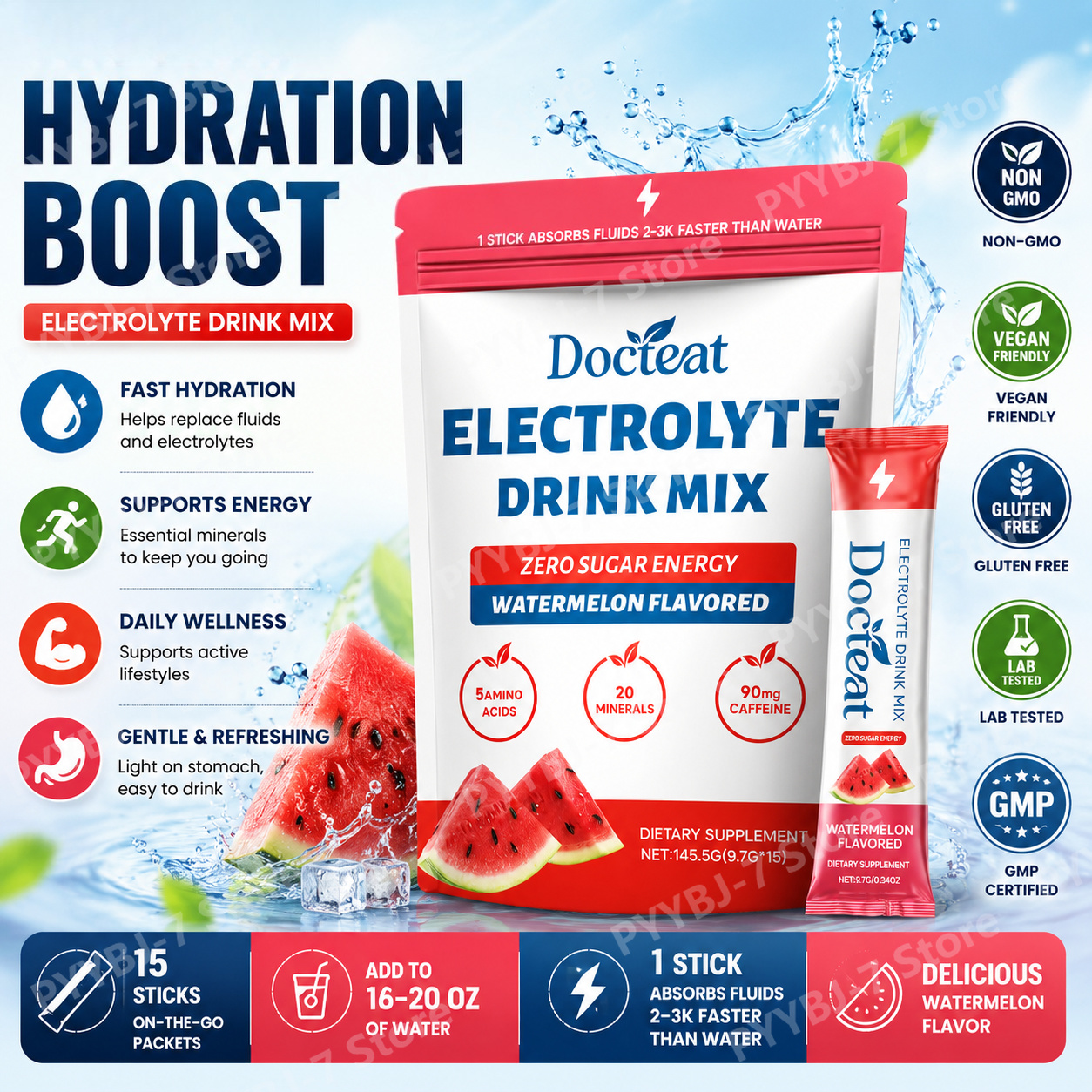 Electrolyte Powder Pack - Zero Sugar Watermelon Electrolyte Powder with